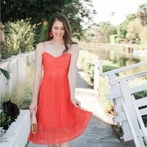 J. Crew Women's Daisy Coral Orange Lace Midi Dress Size 2 Petite
